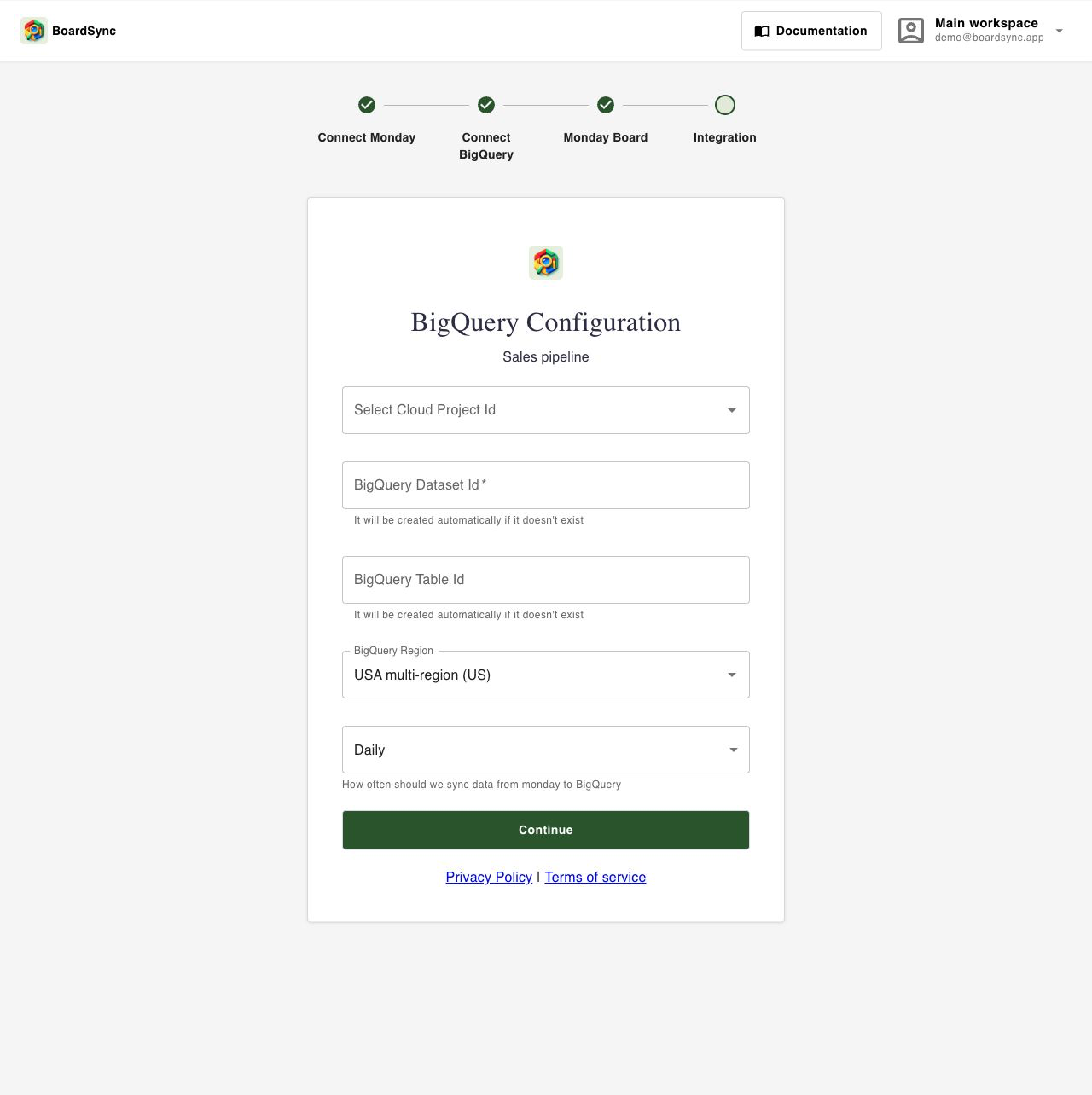 BoardSync BigQuery destination configuration
