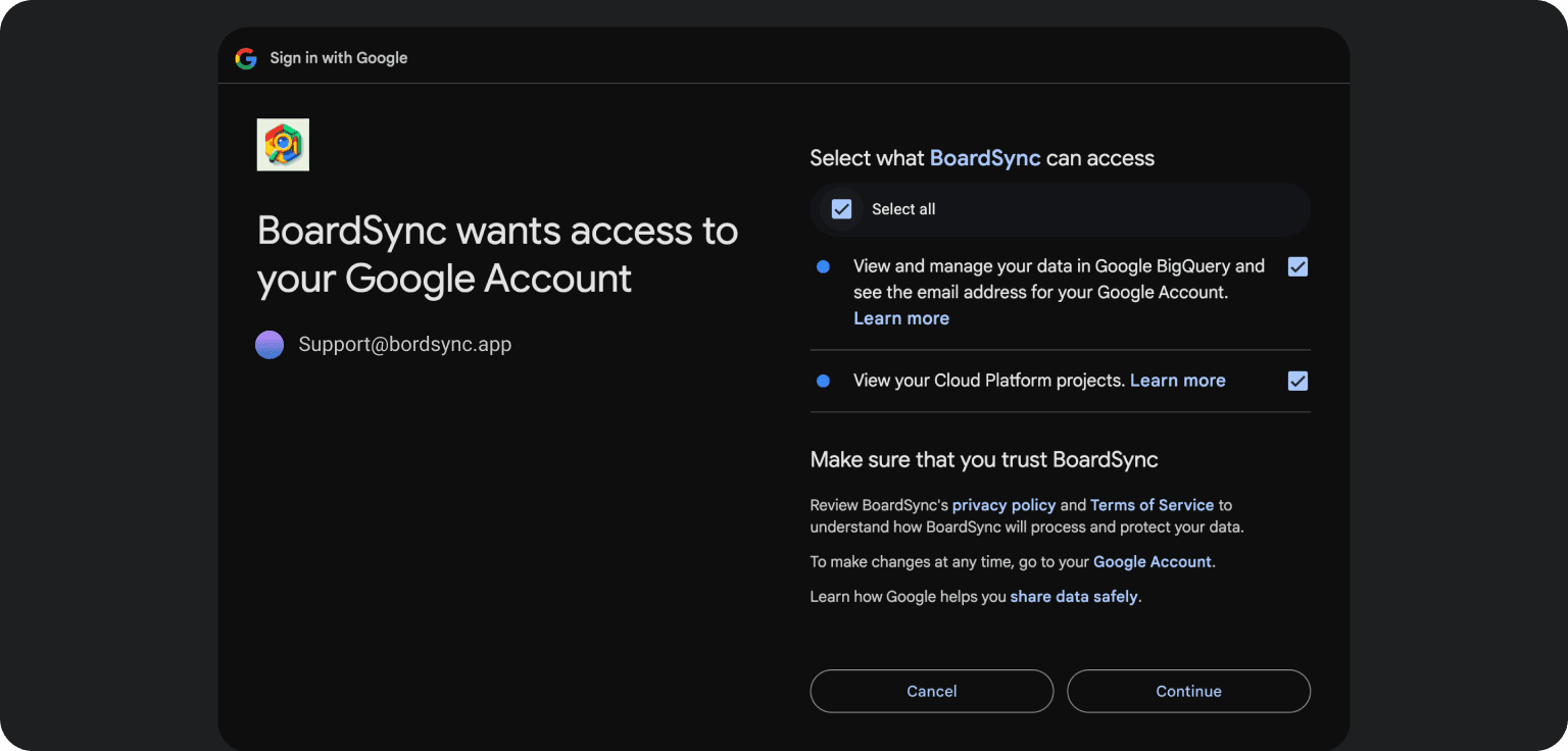 Google permissions requested by BoardSync