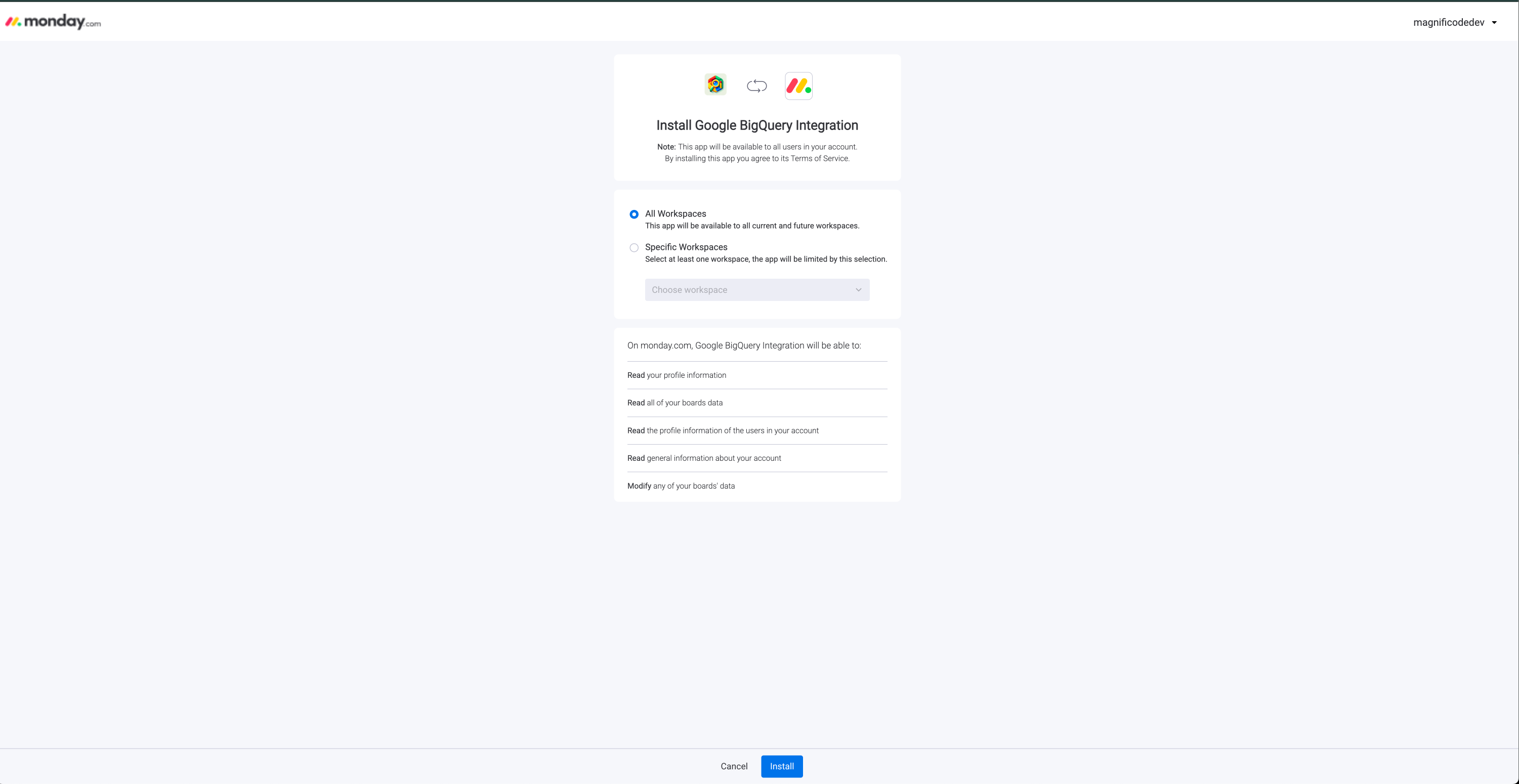 monday.com install page for the Google BigQuery Integration app