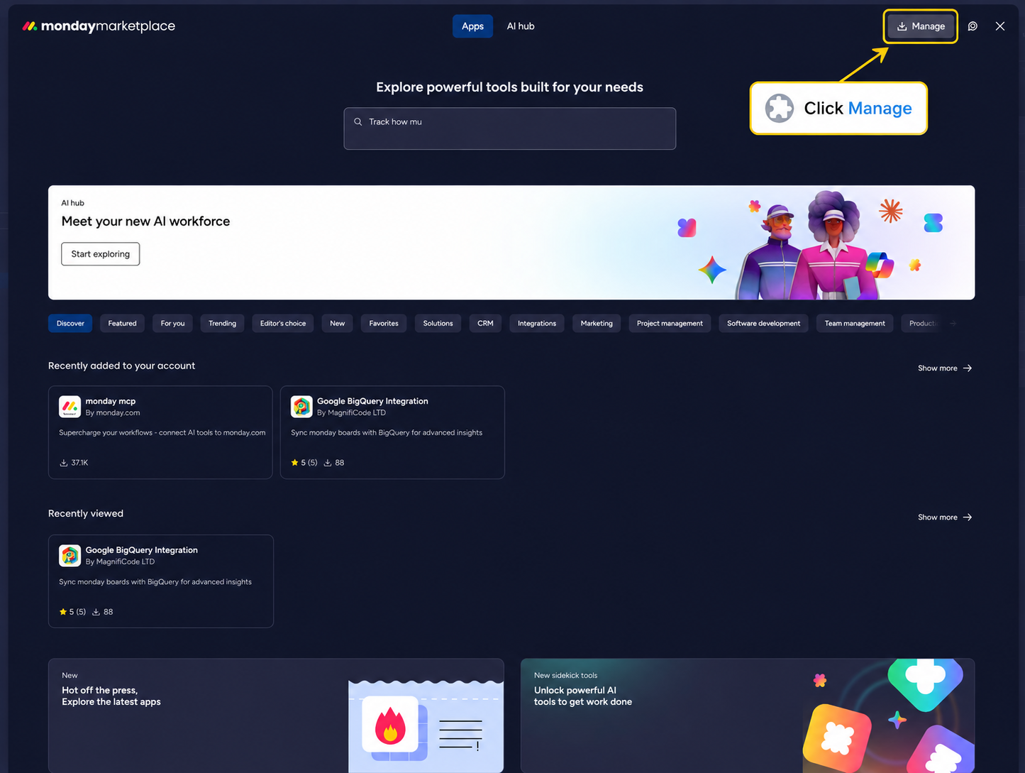 monday.com marketplace page with the Manage option available
