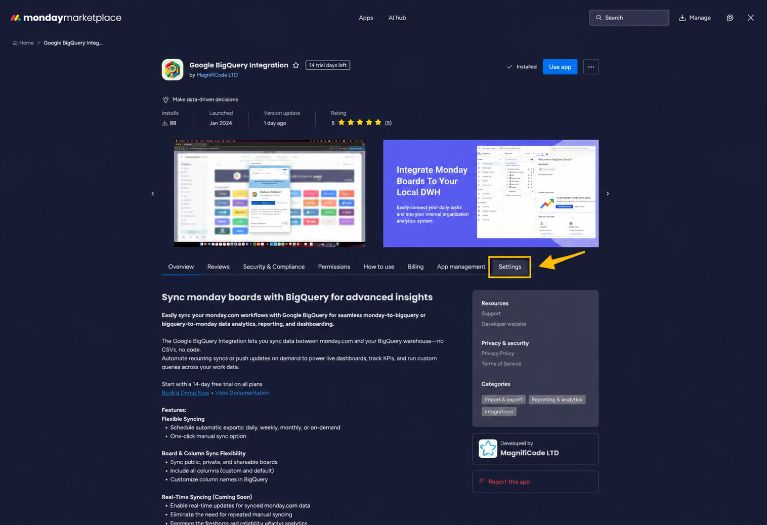 monday.com marketplace page with the Manage option available