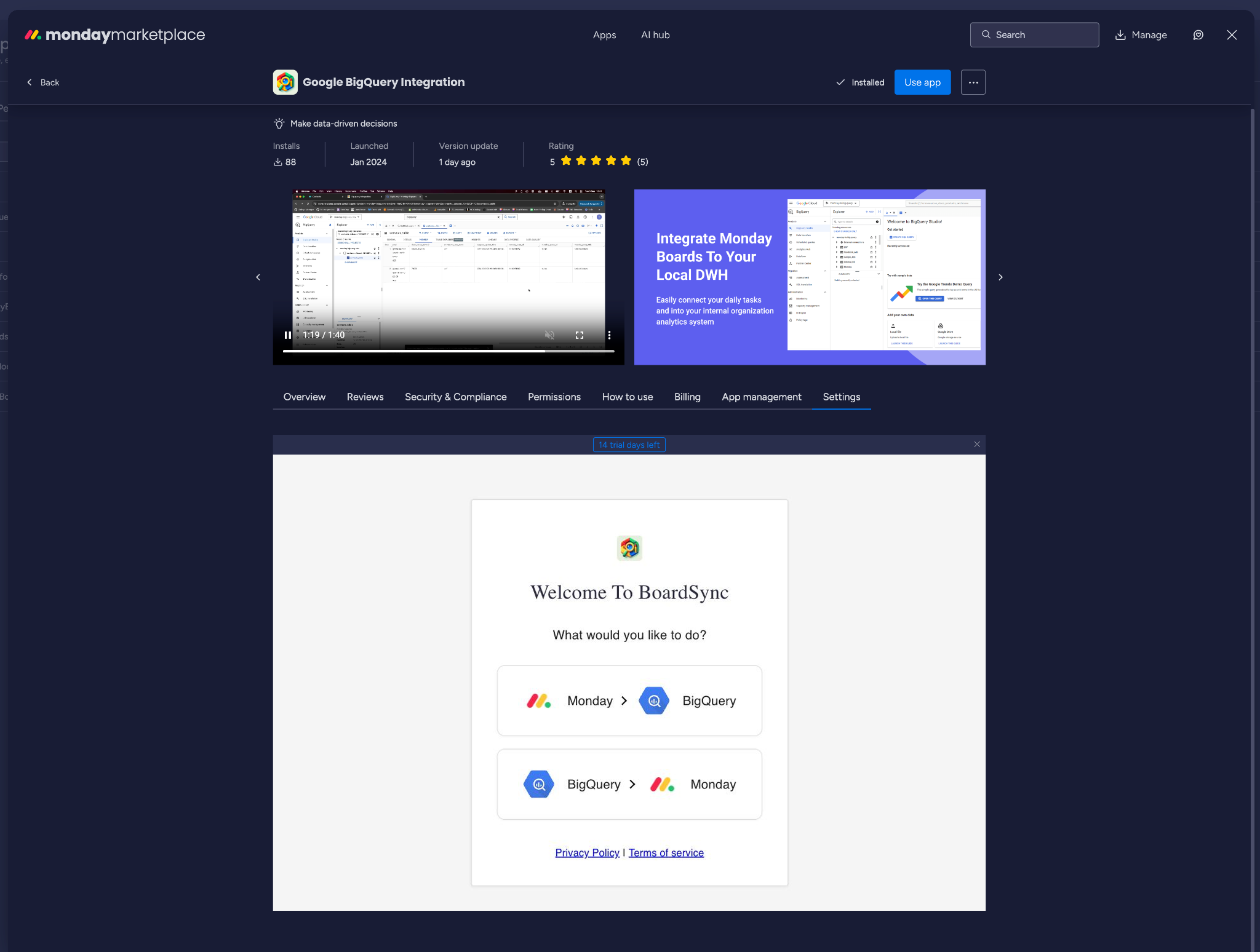 BoardSync Bigquery Integration settings page in monday.com.