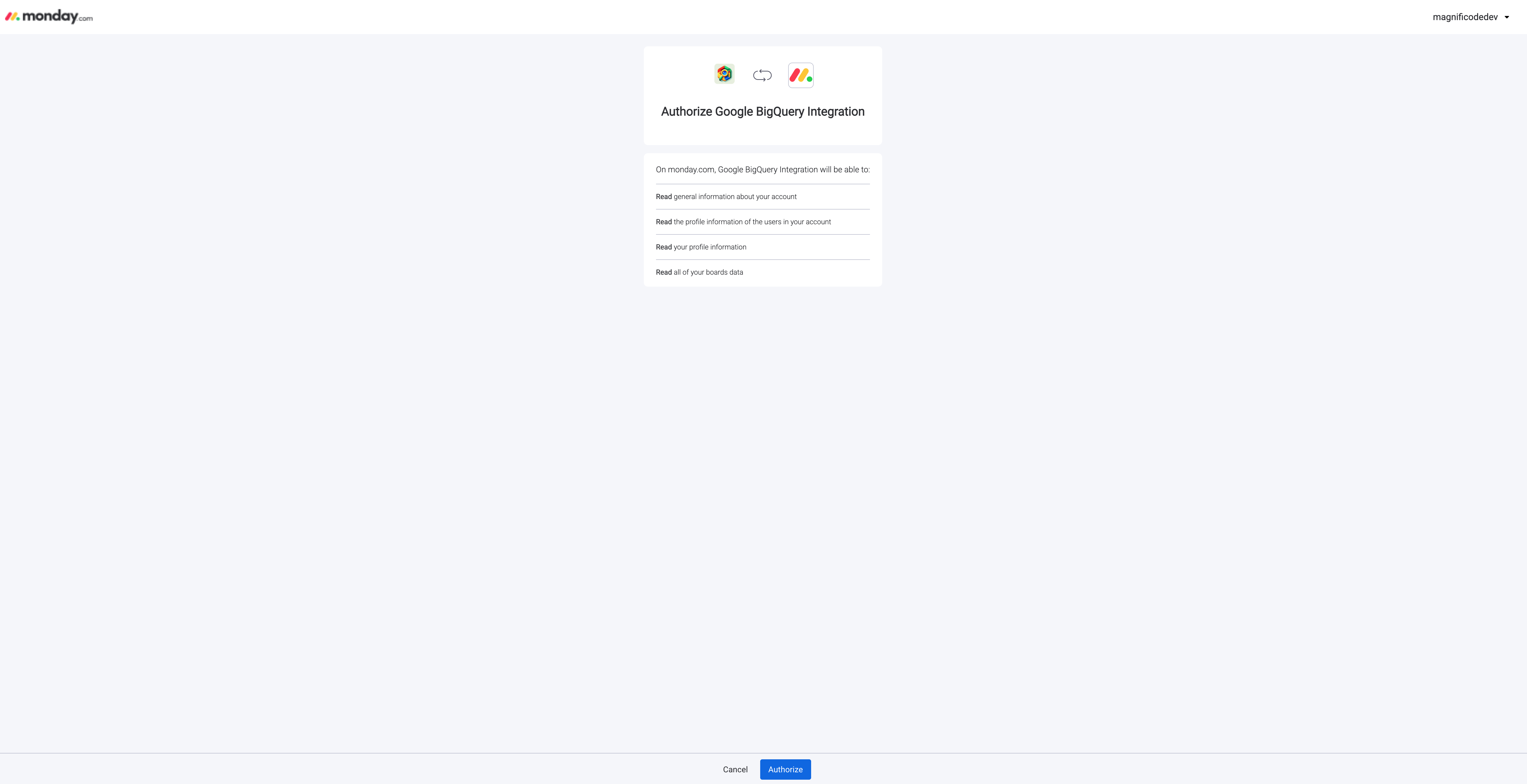 monday.com authorization screen for BoardSync permissions